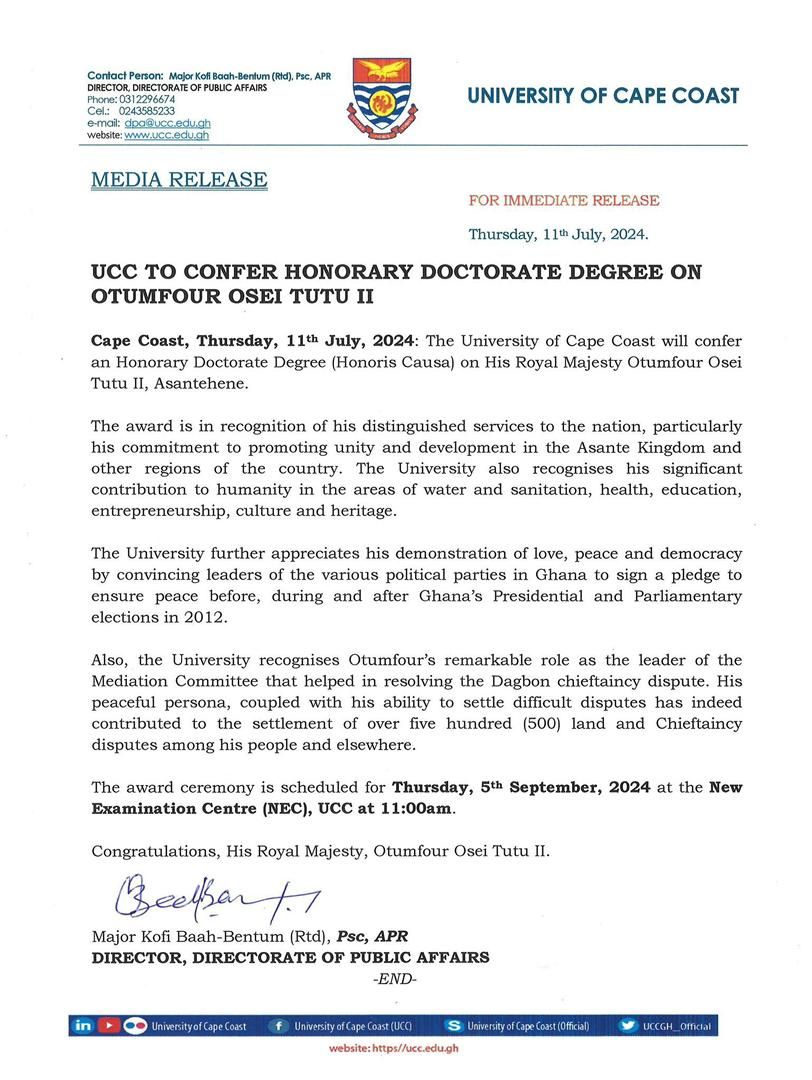 Asantehene to Receive Another Honorary Doctorate Degree